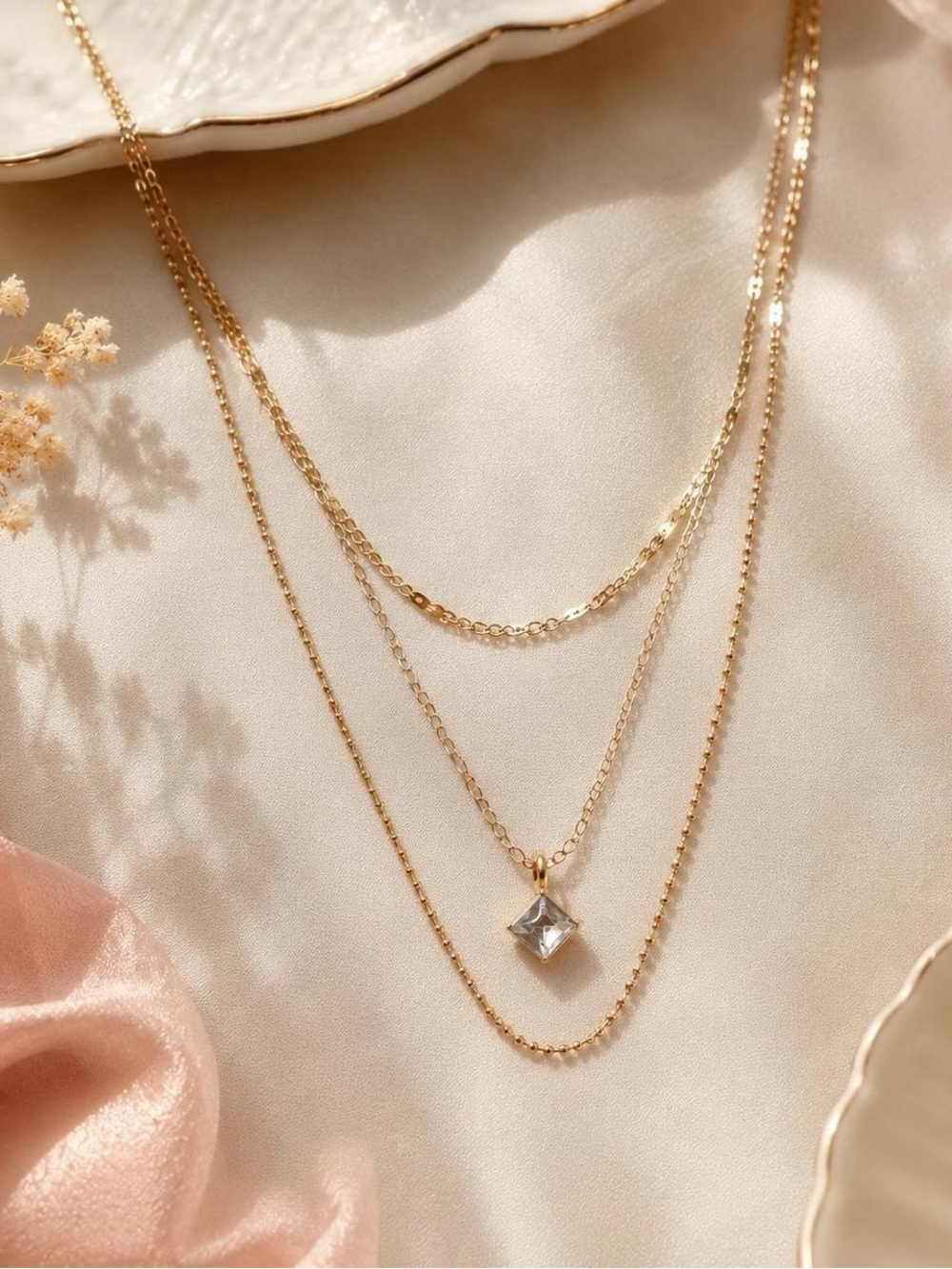 Gold Tone Layered Crystal Pendant Multi Chain Necklace